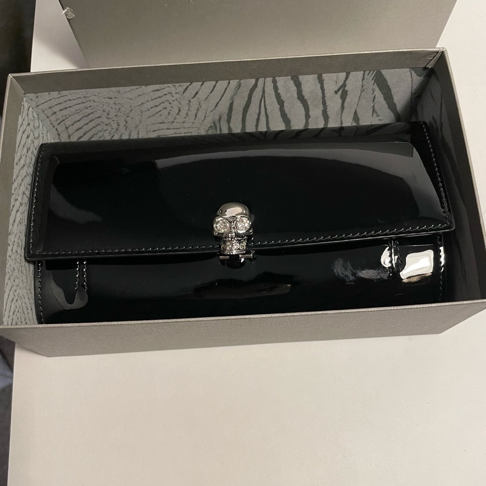 New Alexander McQueen black patent skull wallet on a chain